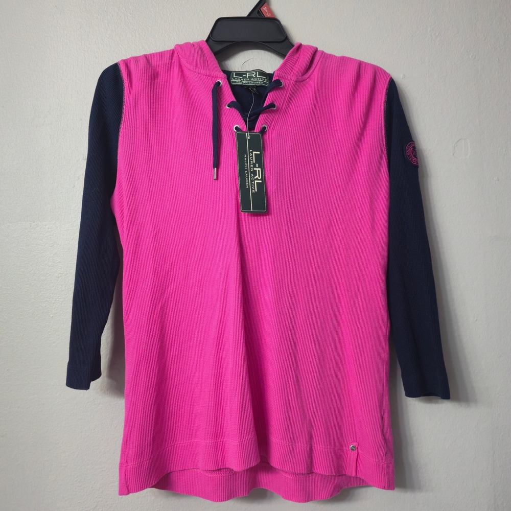 Lauren Active Ralph Lauren Pink Navy Waffle Knit Lace Up Hoodie M